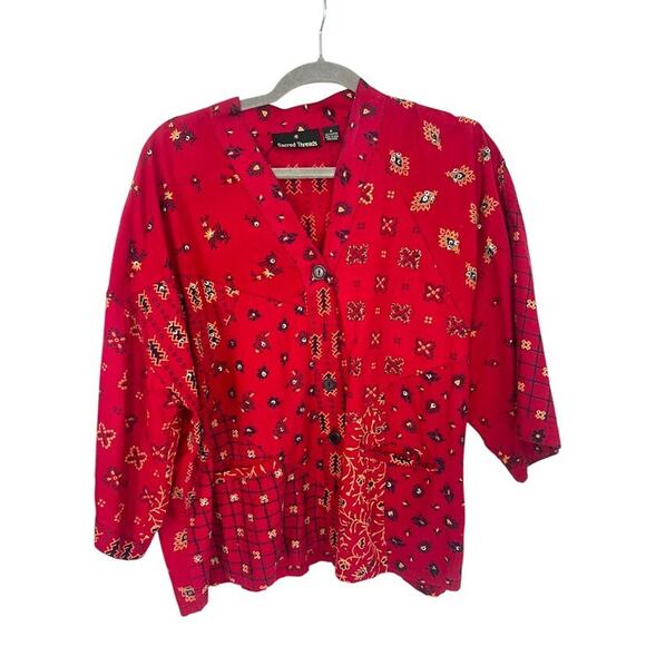 SACRED THREADS Patchwork Button Up Shirt Red Cotton Hippie Artsy Boho Size M - Picture 1 of 9